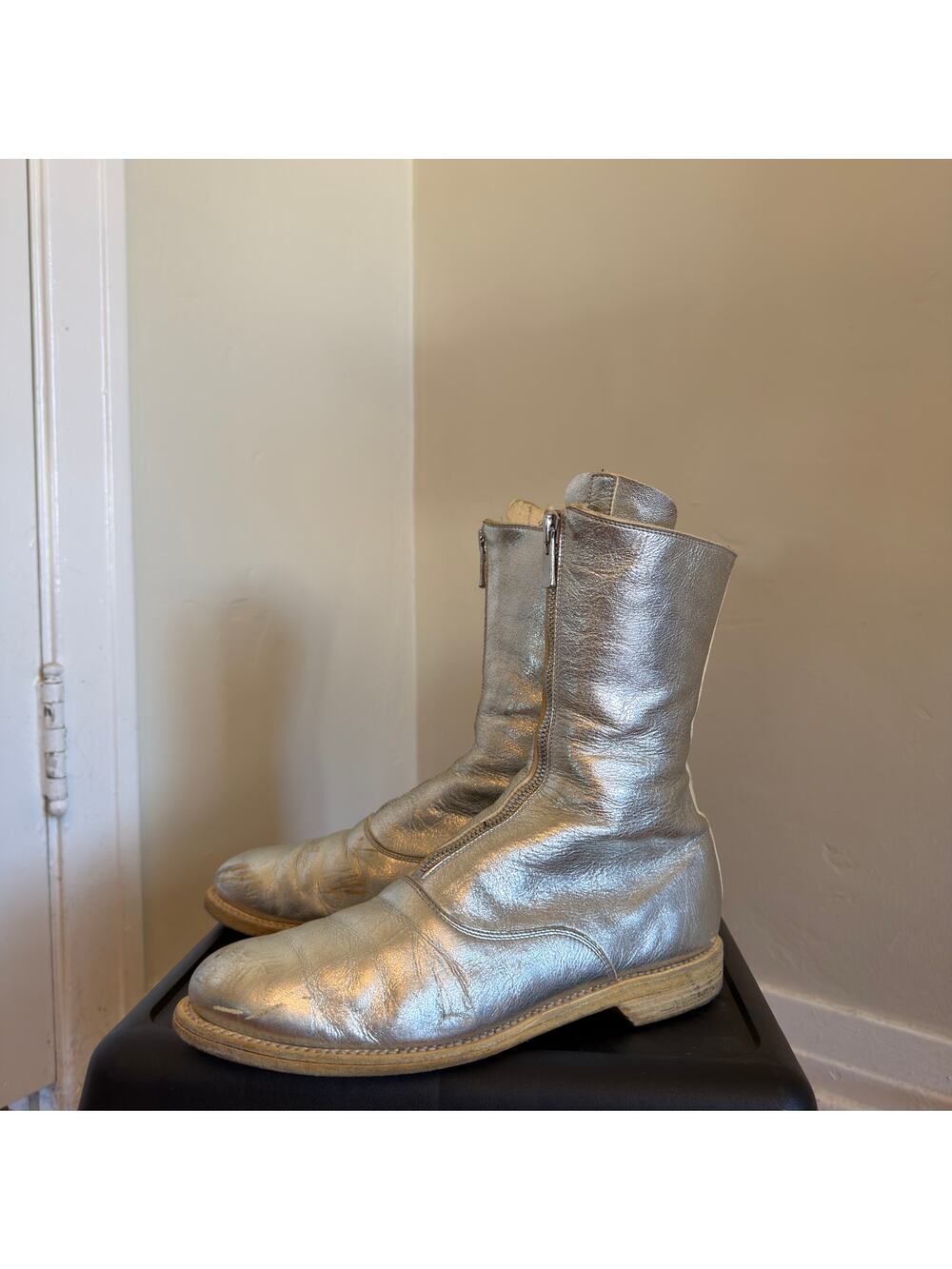 GUIDI SILVER FRONT ZIP MID-CALF BOOTS (EU 39)